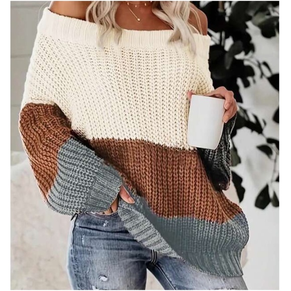 019 Cozy Color Block Off Shoulder Knit Sweater Top - Picture 1 of 4
